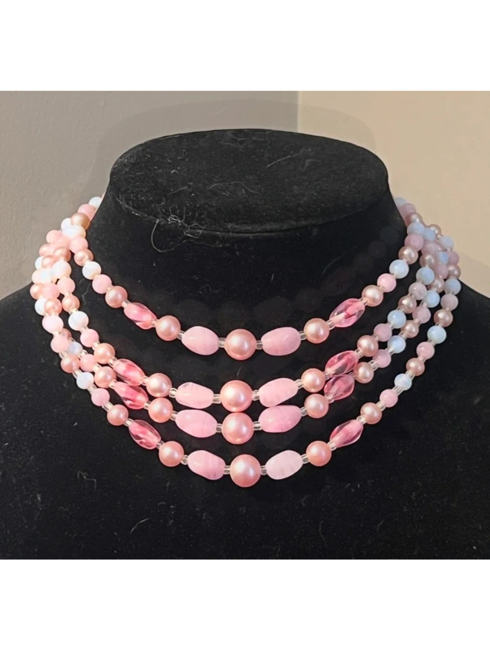 Pink Multi Strand Beaded Necklace Faux Pearl Blush Blue Statement Vintage Style